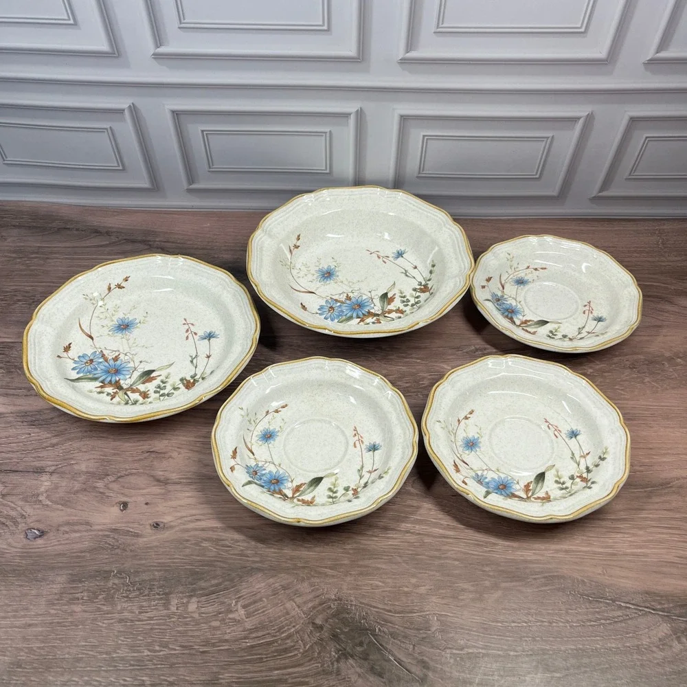 Mikasa Blue Daisies EB 804 Stoneware Set 5pc Japan Blue Floral Scalloped Cream